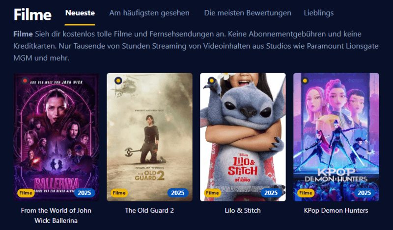 Screenshot der Filmpalast Benutzeroberfläche die verschiedene Filmtitel und Serienepisoden anzeigt.